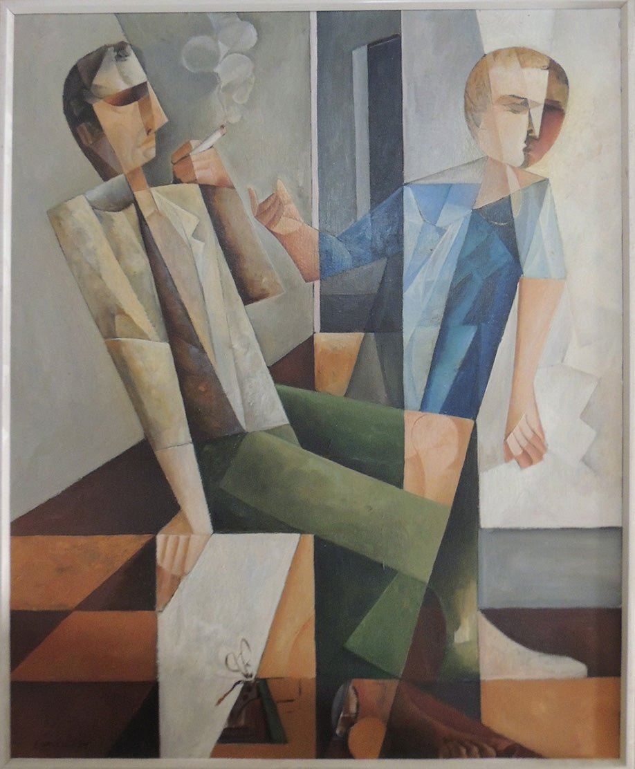 cuadro original de  Gonzalo Beltrán - Fumadores arte contemporáneo en Gaudifond. Figura humana cubismo contemporáneo español