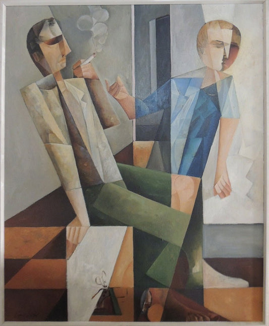 cuadro original de  Gonzalo Beltrán - Fumadores arte contemporáneo en Gaudifond. Figura humana cubismo contemporáneo español