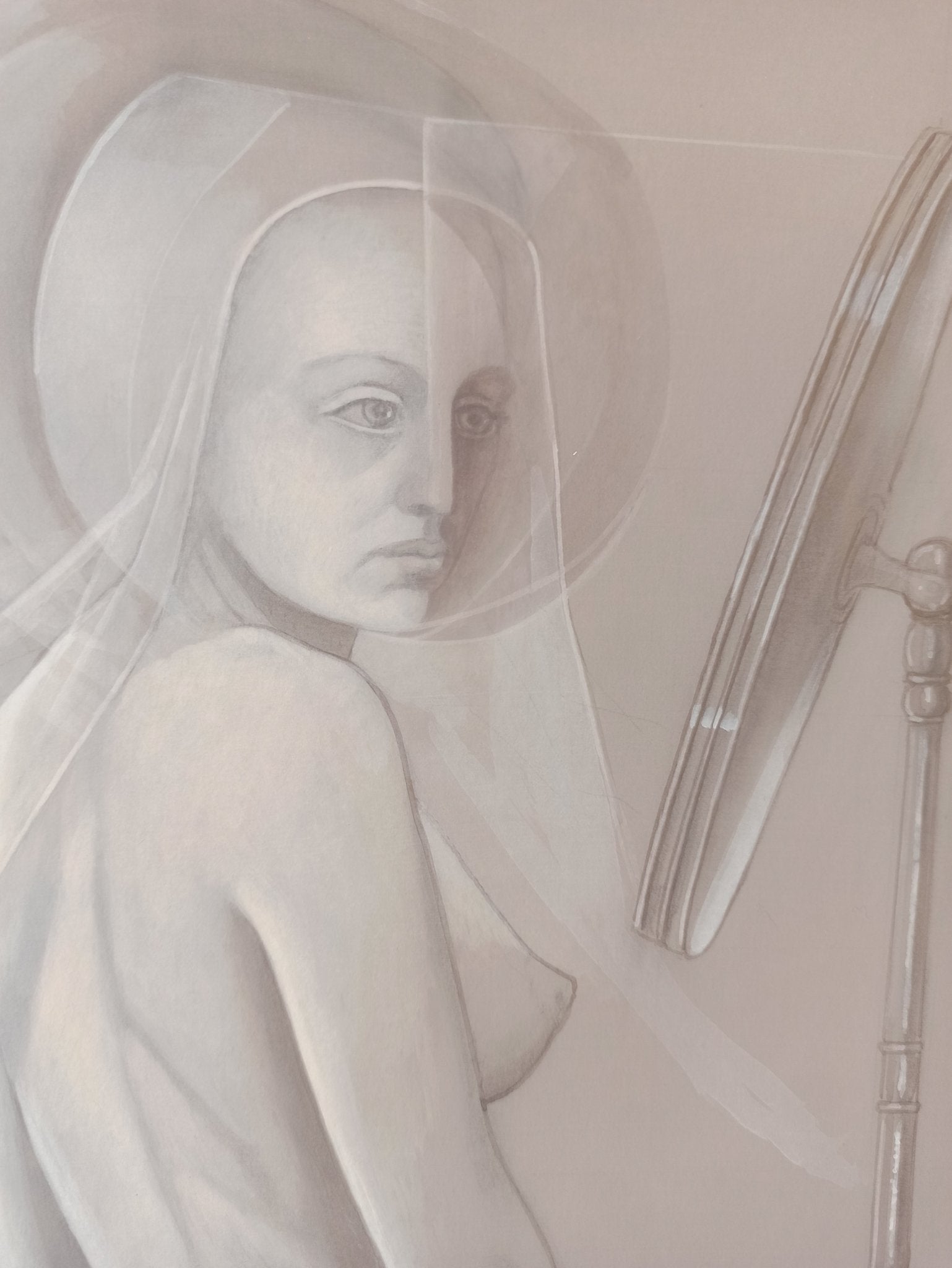 detalle rostro con vela, Gregorio Sabillón Desnudo grisalla figura femenina espejo arte contemporáneo en venta