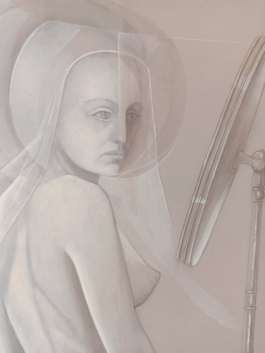 detalle rostro con vela, Gregorio Sabillón Desnudo grisalla figura femenina espejo arte contemporáneo en venta