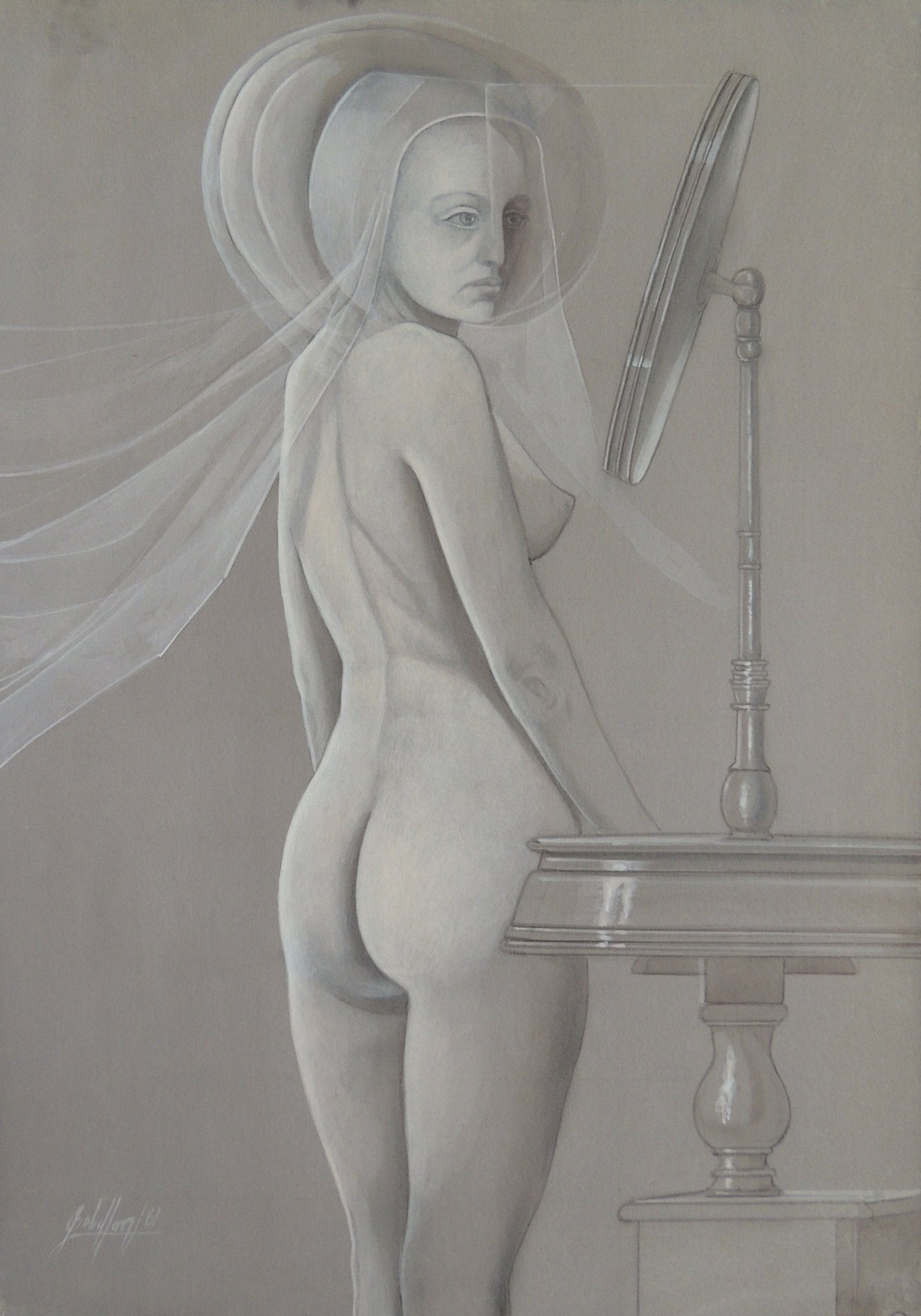 Gregorio Sabillón Desnudo grisalla figura femenina espejo arte contemporáneo en venta