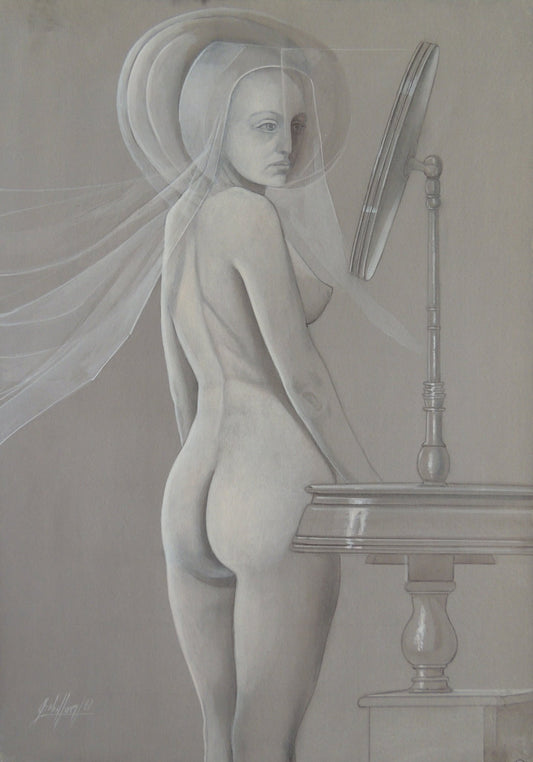 Gregorio Sabillón Desnudo grisalla figura femenina espejo arte contemporáneo en venta