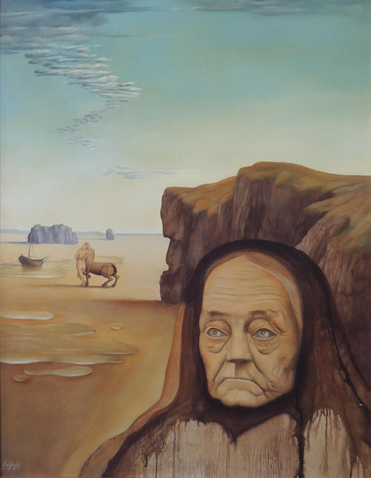 Gregorio Sabillón Remembrenza pintura surrealista figura anciana paisaje simbólico escena onírica contemporánea