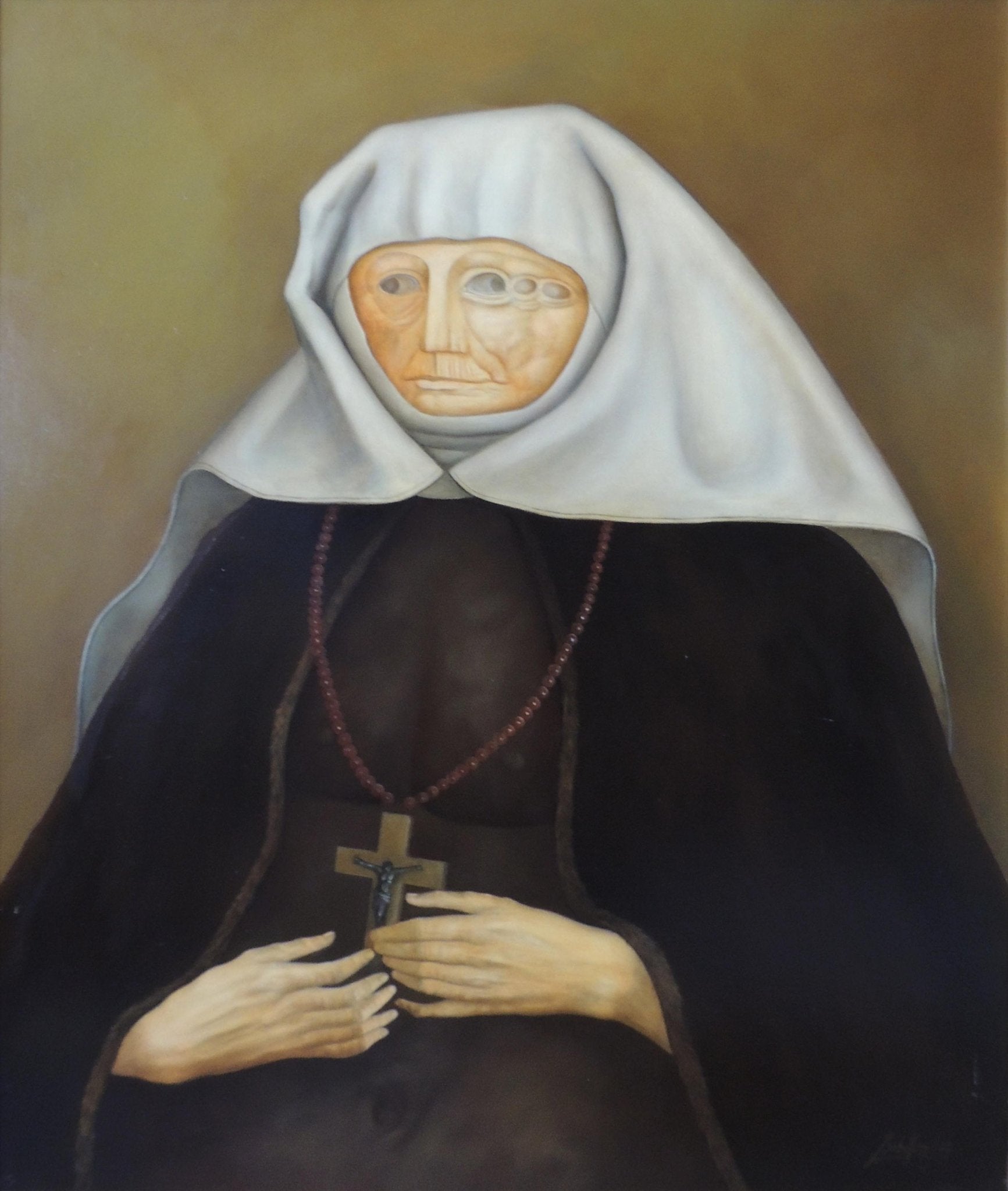 Gregorio Sabillón Retrato de una monja pintura surrealista figura religiosa simbolismo espiritual retrato contemporáneo