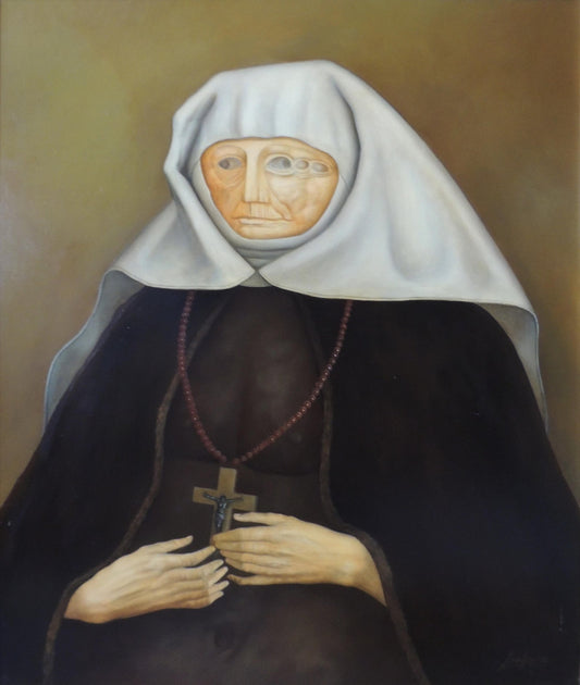Gregorio Sabillón Retrato de una monja pintura surrealista figura religiosa simbolismo espiritual retrato contemporáneo