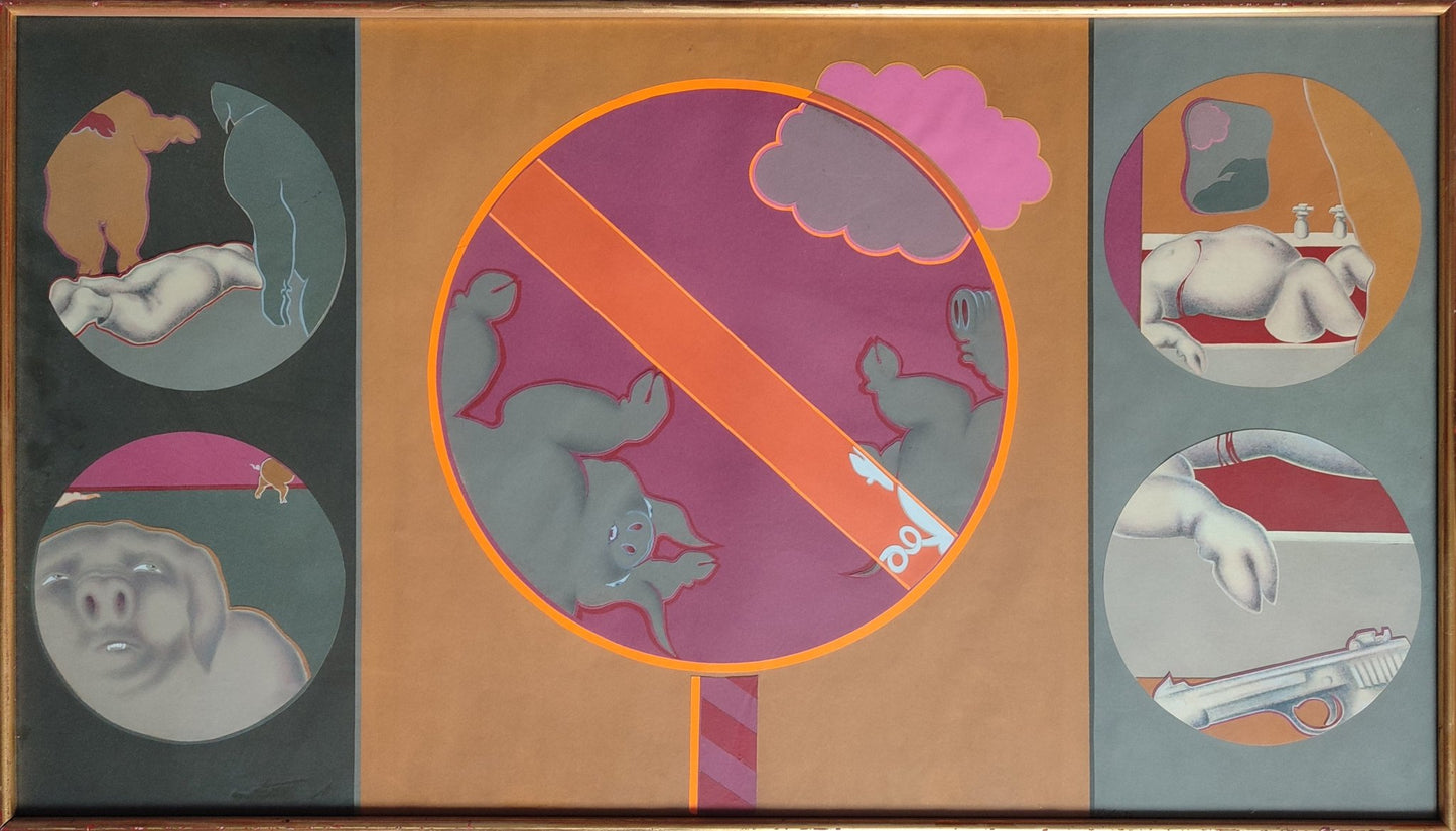 cuadro original de vendor Helga Krebs - Historia política con cerditos arte contemporáneo en Gaudifond
