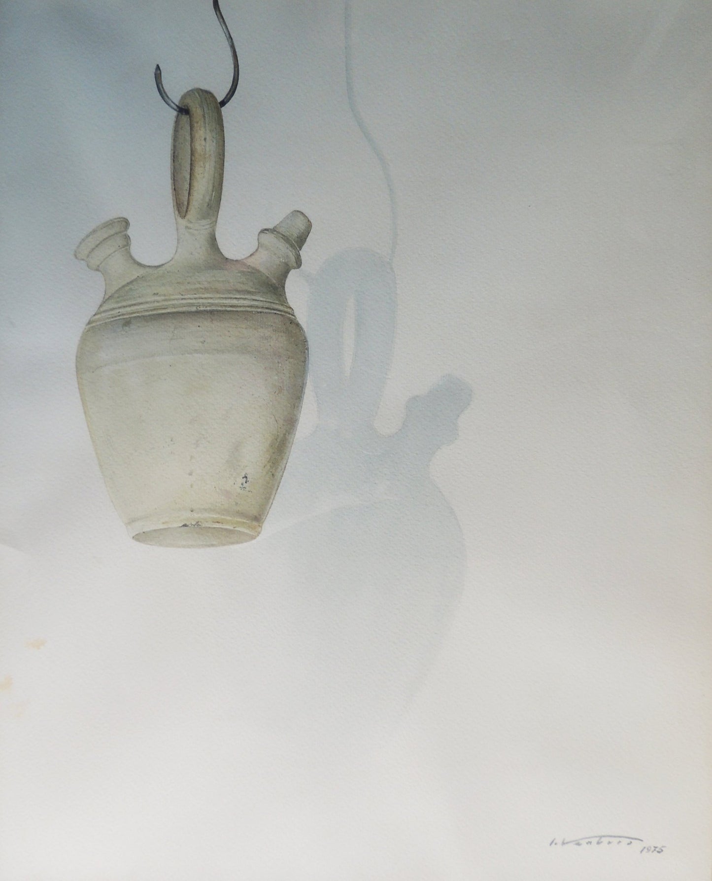 Isidro Ventura - Canti penjat, acuarela surrealista minimalista con recipiente colgante y sombras sobre fondo blanco.