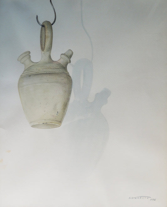 Isidro Ventura - Canti penjat, acuarela surrealista minimalista con recipiente colgante y sombras sobre fondo blanco.