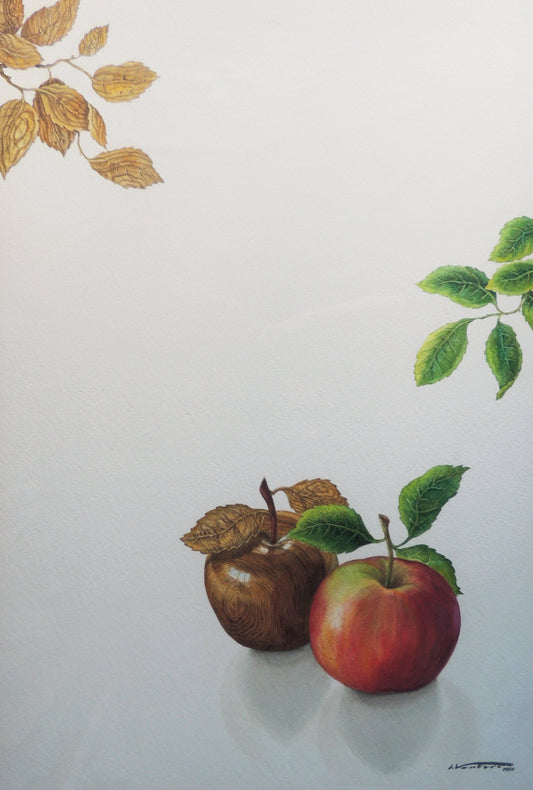 Isidro Ventura - Dos pomas, acuarela con dos manzanas y hojas verdes y secas sobre fondo blanco minimalista.
