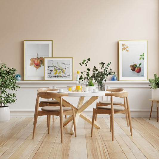 Isidro Ventura - Dos pomas, acuarela con dos manzanas y hojas verdes y secas sobre fondo blanco minimalista decoración