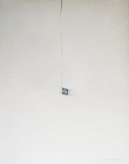 Isidre Ventura - Fulla d’afaitar tallant paper, acuarela minimalista con una hoja de afeitar suspendida cortando papel sobre fondo blanco.