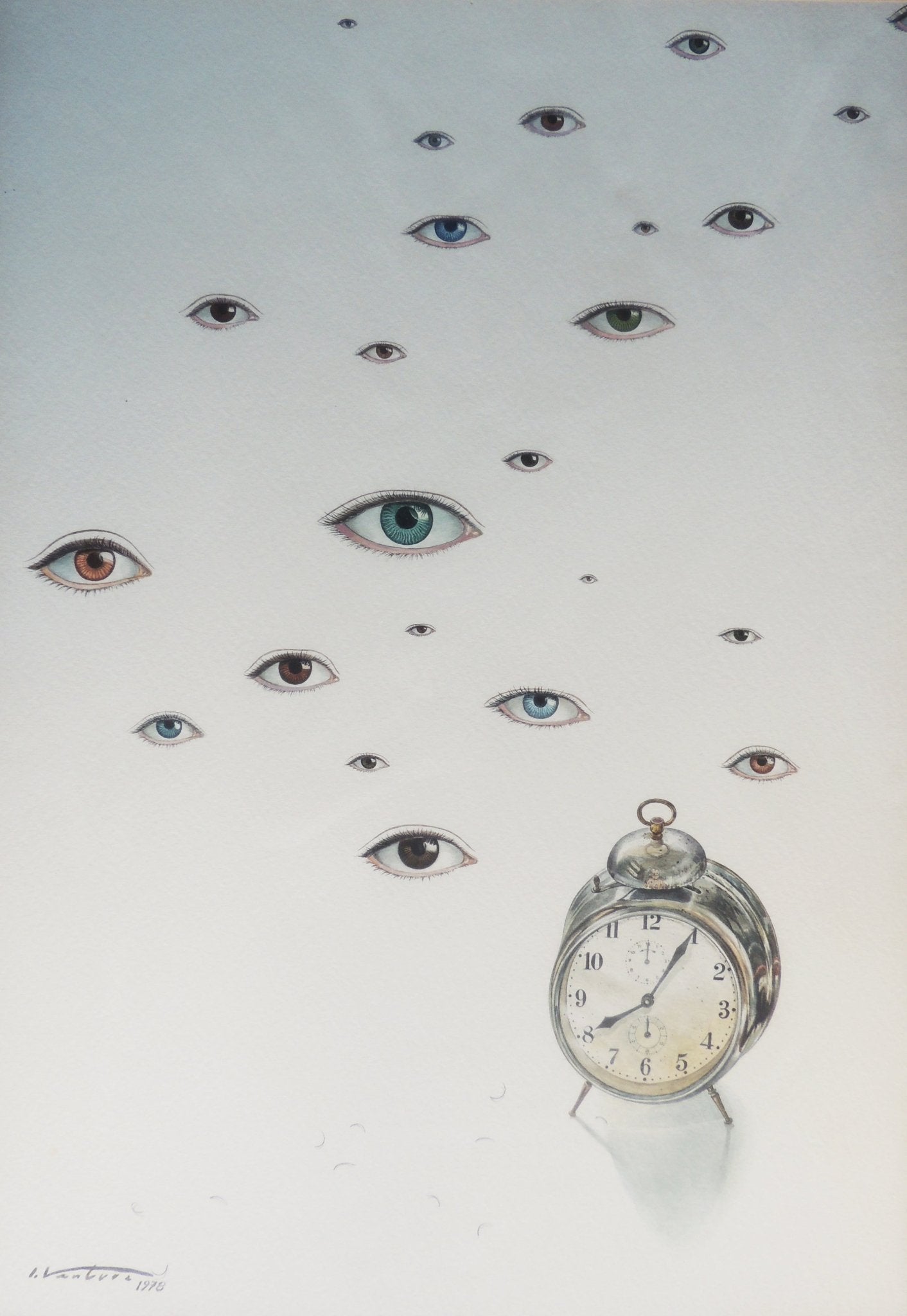 Isidro Ventura, Obridor d’ulls, acuarela surrealista con múltiples ojos flotando y un reloj antiguo sobre fondo blanco.