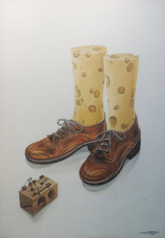 Isidro Ventura - Peus pudens, acuarela hiperrealista de botas de cuero con formas de queso suizo y pequeño objeto de madera sobre fondo neutro.