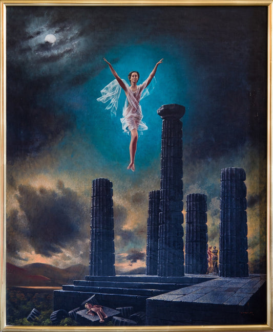 Le Grand Dieu Pan de Jan Van Der Loo, pintura surrealista con figura femenina flotante, columnas monumentales y referencias mitológicas en una atmósfera nocturna y simbólica enmarcada