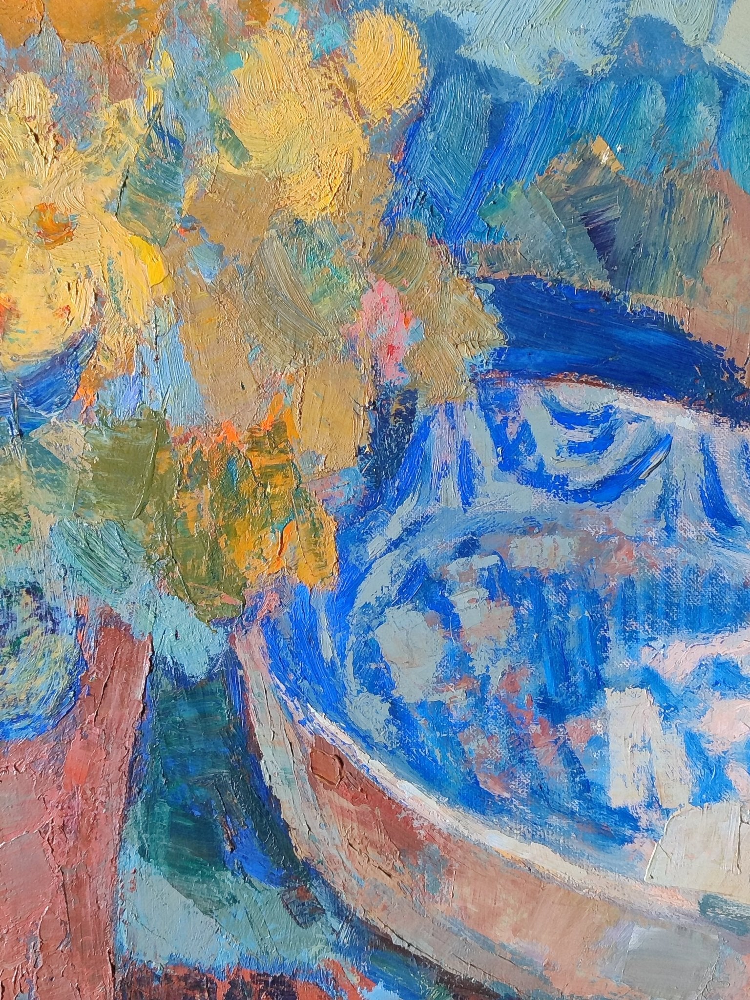 Joan Mas bodegón con flores óleo obra original pintura floral contemporánea, detalle pincelada