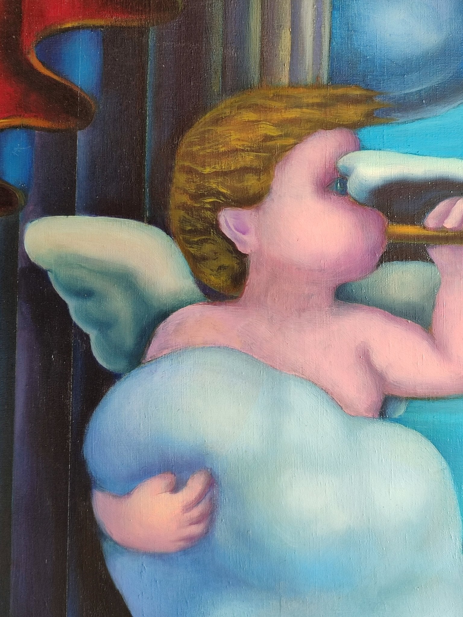 José Canes Solé, El Mensajero, figura angelical de inspiración surrealista representada como mensajero celestial en una composición poética y simbólica detalle