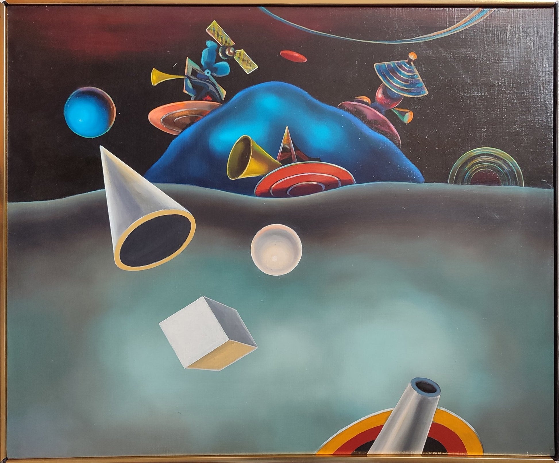 José Canes Solé, Sideritas venusinos, pintura abstracta surrealista con formas geométricas flotantes, esferas, anillos planetarios y composición cósmica en tonos azules, grises y negras.