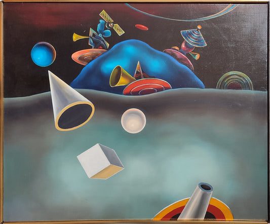 José Canes Solé, Sideritas venusinos, pintura abstracta surrealista con formas geométricas flotantes, esferas, anillos planetarios y composición cósmica en tonos azules, grises y negras.
