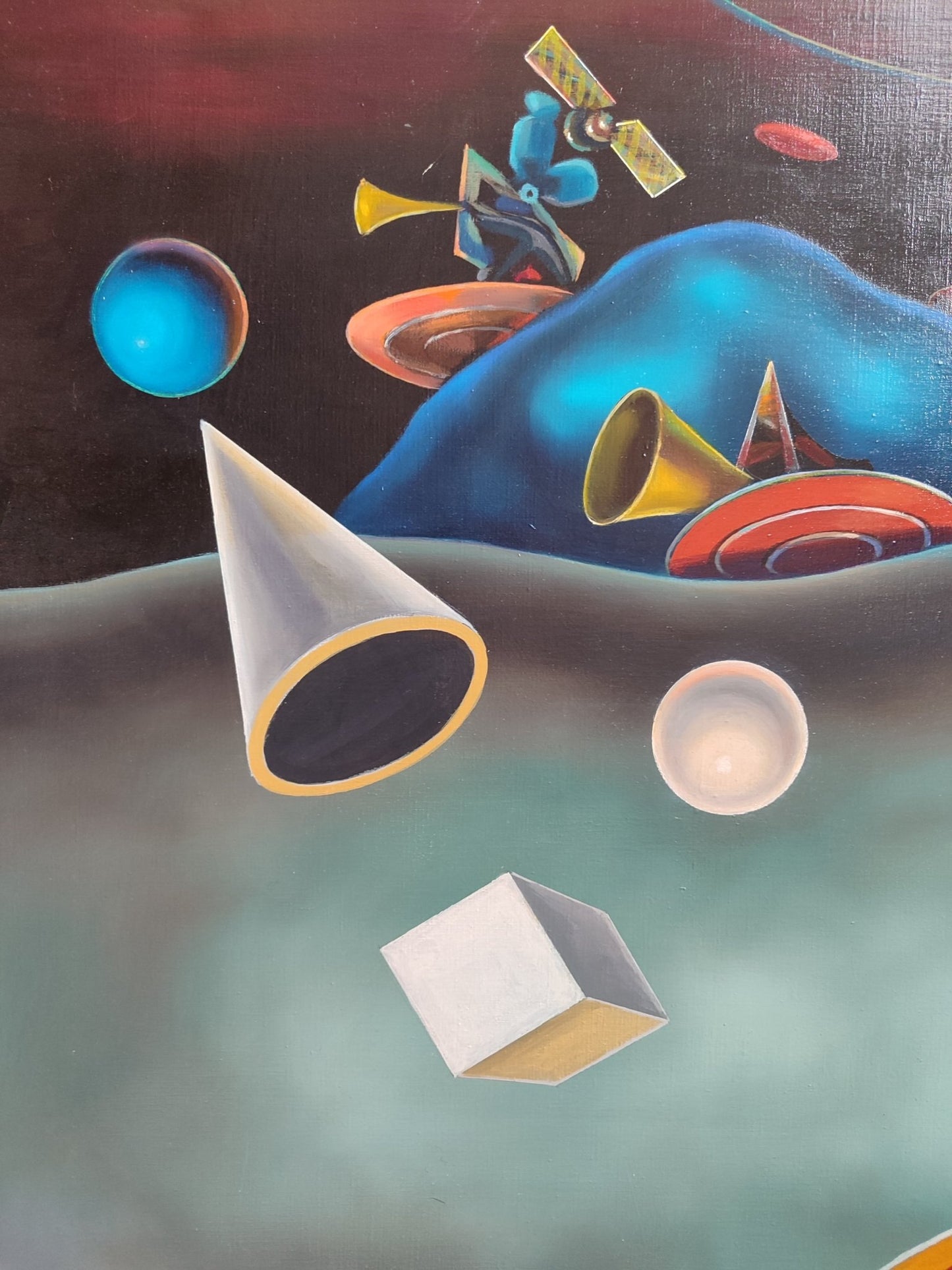 José Canes Solé, Sideritas venusinos, pintura abstracta surrealista con formas geométricas flotantes, esferas, anillos planetarios y composición cósmica en tonos azules, grises y negras detalle