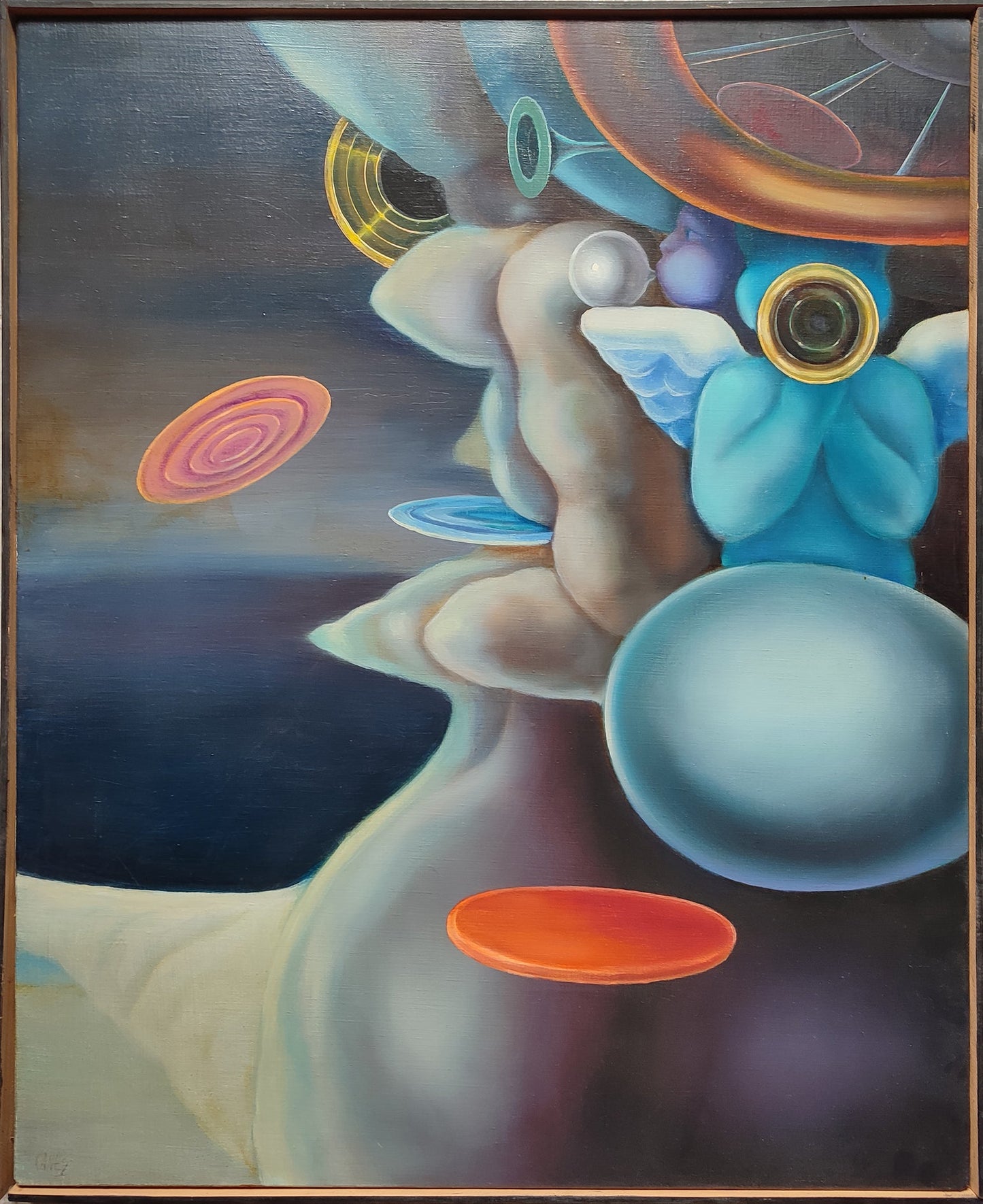 José Canes Solé, Llamada al infinito, pintura surrealista con figuras etéreas, ángeles, esferas flotantes y formas celestiales en tonos azules, grises y naranjas.