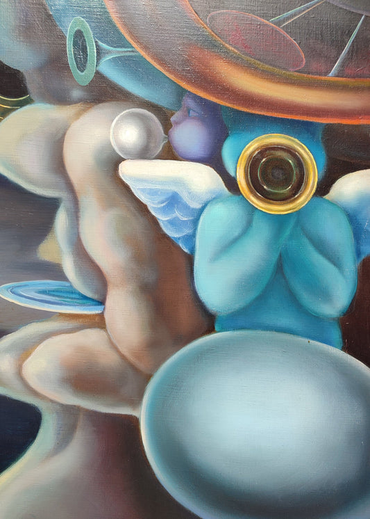 José Canes Solé, Llamada al infinito, pintura surrealista con figuras etéreas,  esferas flotantes y formas celestiales en tonos azules, detalle ángel con instrumentos musicales