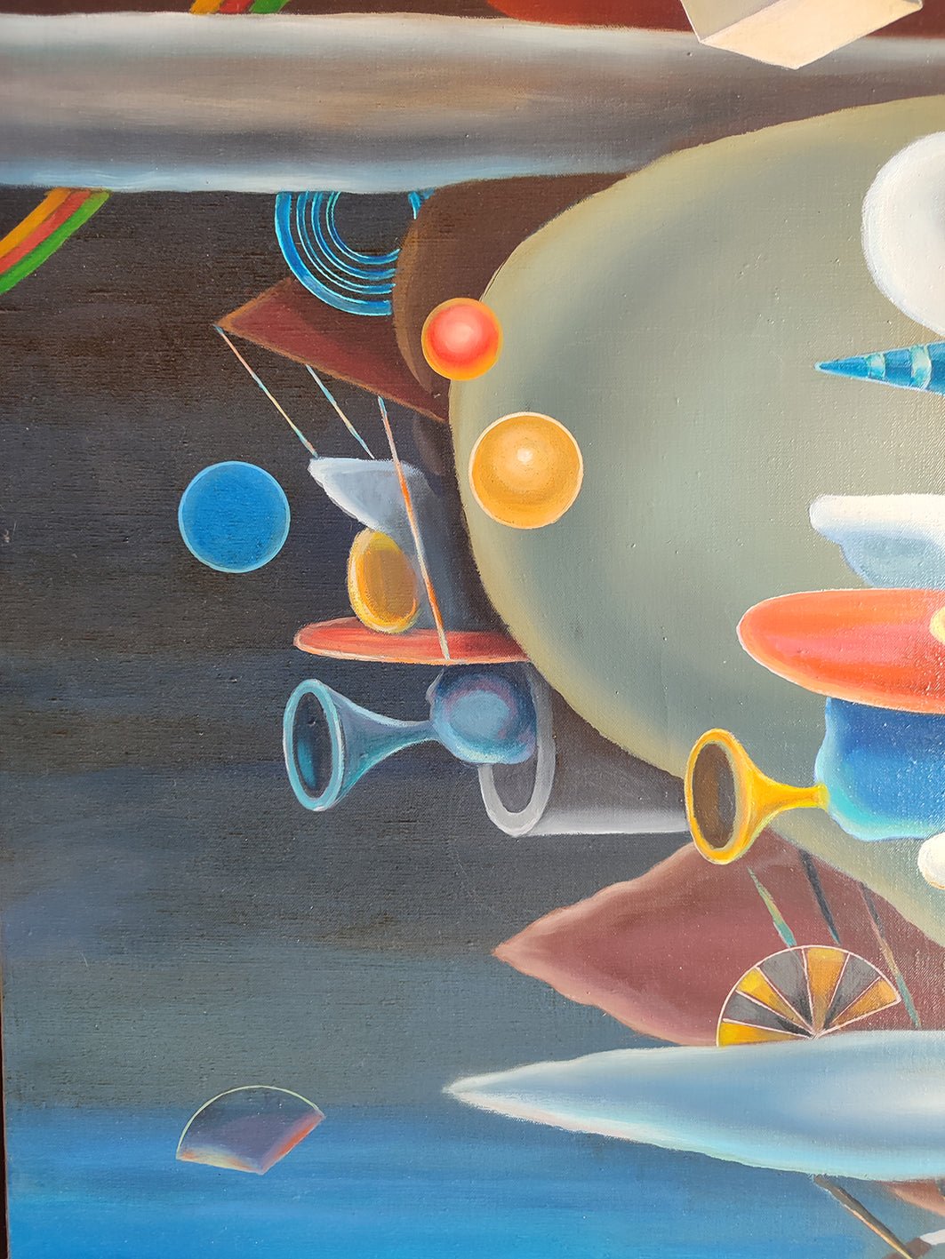 José Canes Solé, Sideritas venusinos, pintura abstracta surrealista con formas geométricas flotantes, esferas, anillos planetarios y composición cósmica en tonos azules, ocres y rojos detalle