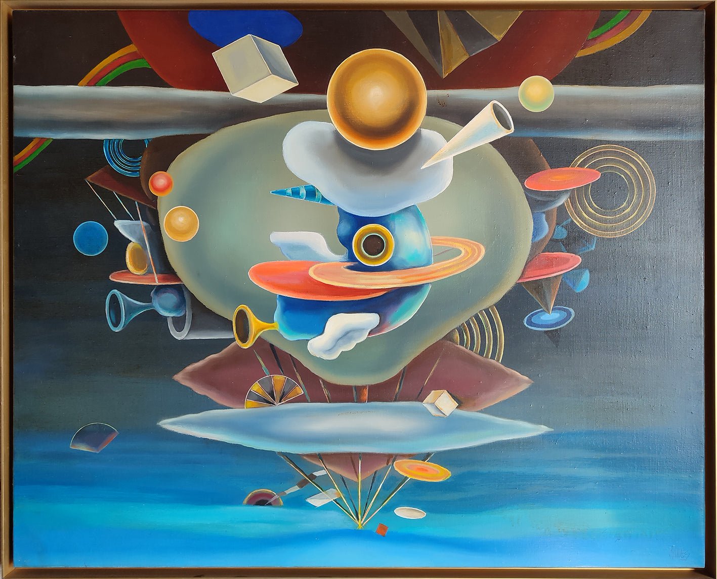 José Canes Solé, Sideritas venusinos, pintura abstracta surrealista con formas geométricas flotantes, esferas, anillos planetarios y composición cósmica en tonos azules, ocres y rojos.