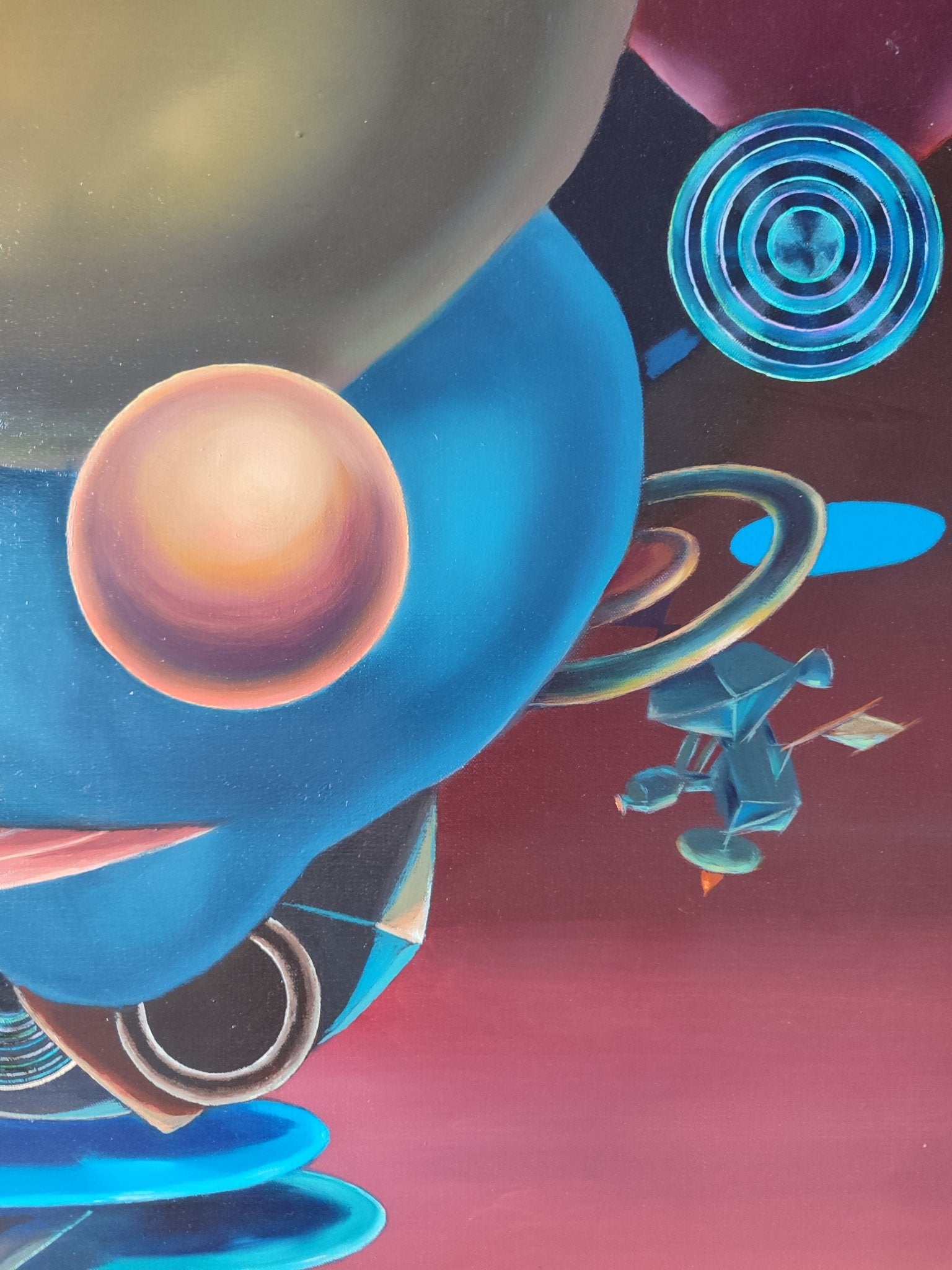 José Canes Solé, Vuelo al alba 2, pintura surrealista con formas flotantes, esferas luminosas y elementos cósmicos en tonos azules y rosados detalle circulos
