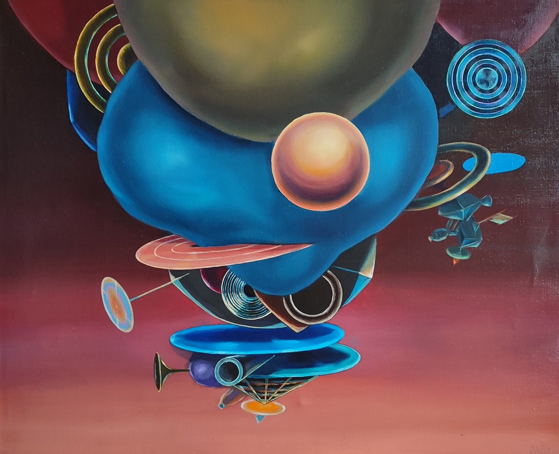 José Canes Solé, Vuelo al alba 2, pintura surrealista con formas flotantes, esferas luminosas y elementos cósmicos en tonos azules y rosados detalle