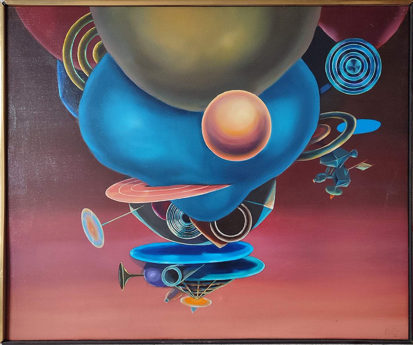 José Canes Solé, Vuelo al alba 2, pintura surrealista con formas flotantes, esferas luminosas y elementos cósmicos en tonos azules y rosados.