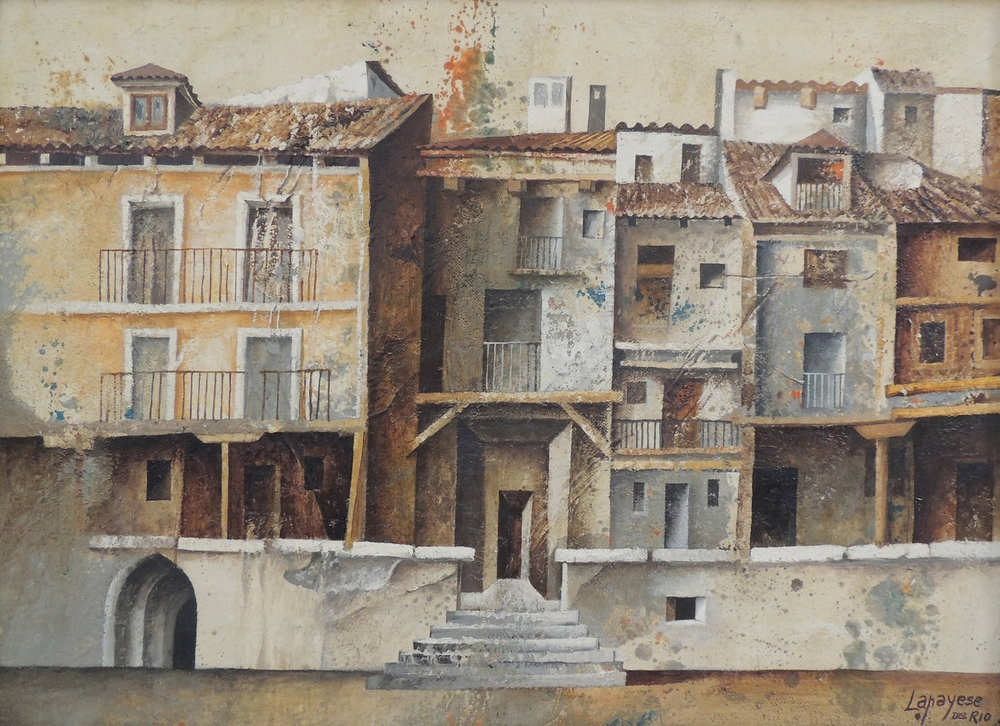 Óleo sobre lienzo de José Lapayese del Río, El balcón, obra constructivista de 1980 con paisaje rural español en composición geométrica estructural