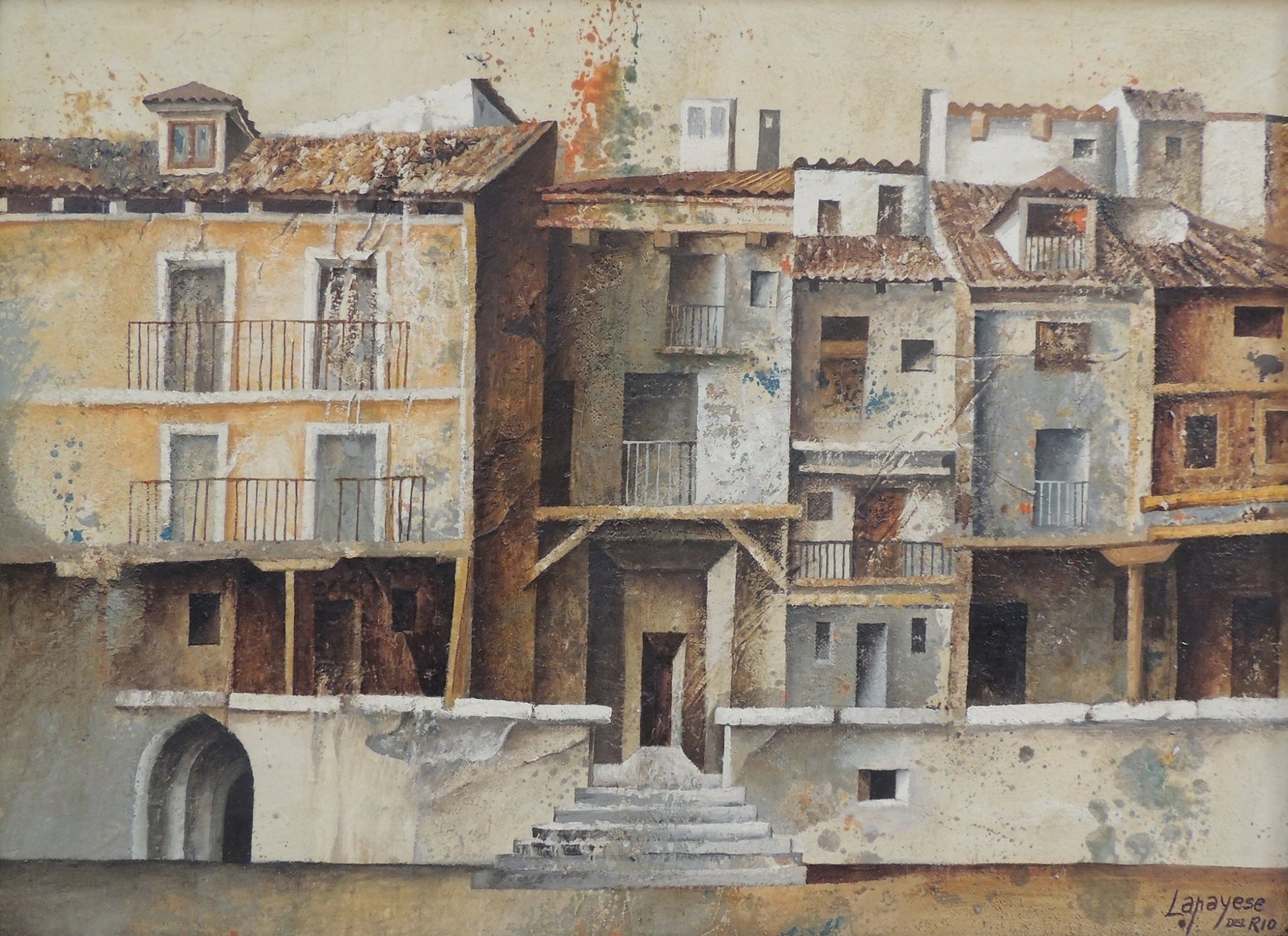 Óleo sobre lienzo de José Lapayese del Río, El balcón, obra constructivista de 1980 con paisaje rural español en composición geométrica estructural