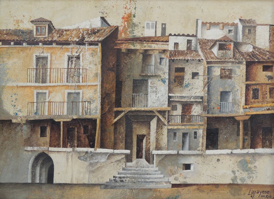 Óleo sobre lienzo de José Lapayese del Río, El balcón, obra constructivista de 1980 con paisaje rural español en composición geométrica estructural