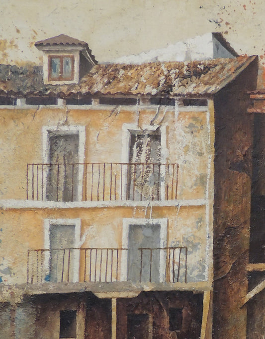 Óleo sobre lienzo de José Lapayese del Río, El balcón, obra constructivista de 1980 con paisaje rural español en composición geométrica estructural, detalle cuadro