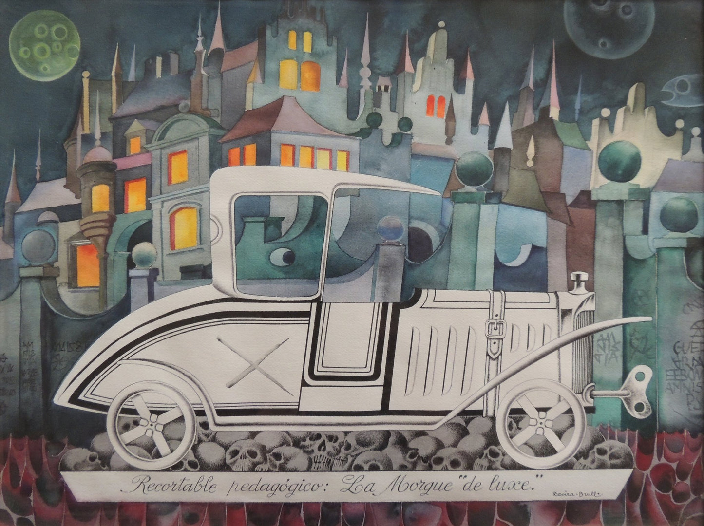 Josep Maria Rovira-Brull, La morgue de luxe, pintura surrealista con automóvil vintage blanco, ciudad fantástica nocturna y elementos simbólicos oscuros.