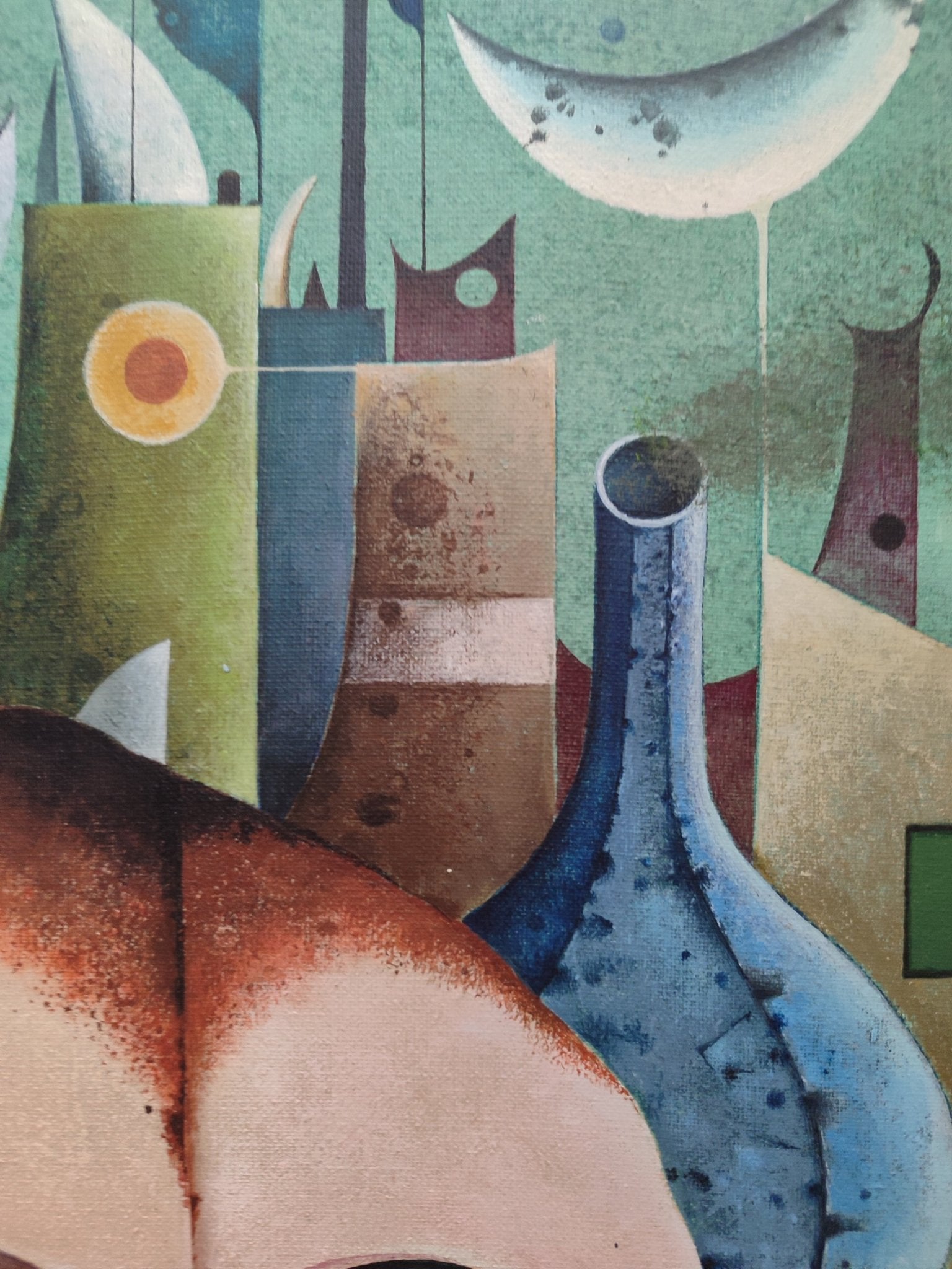 Josep Maria Rovira-Brull, Las microlentillas, retrato surrealista con rostro dividido, formas geométricas y arquitectura fantástica detalle paisaje