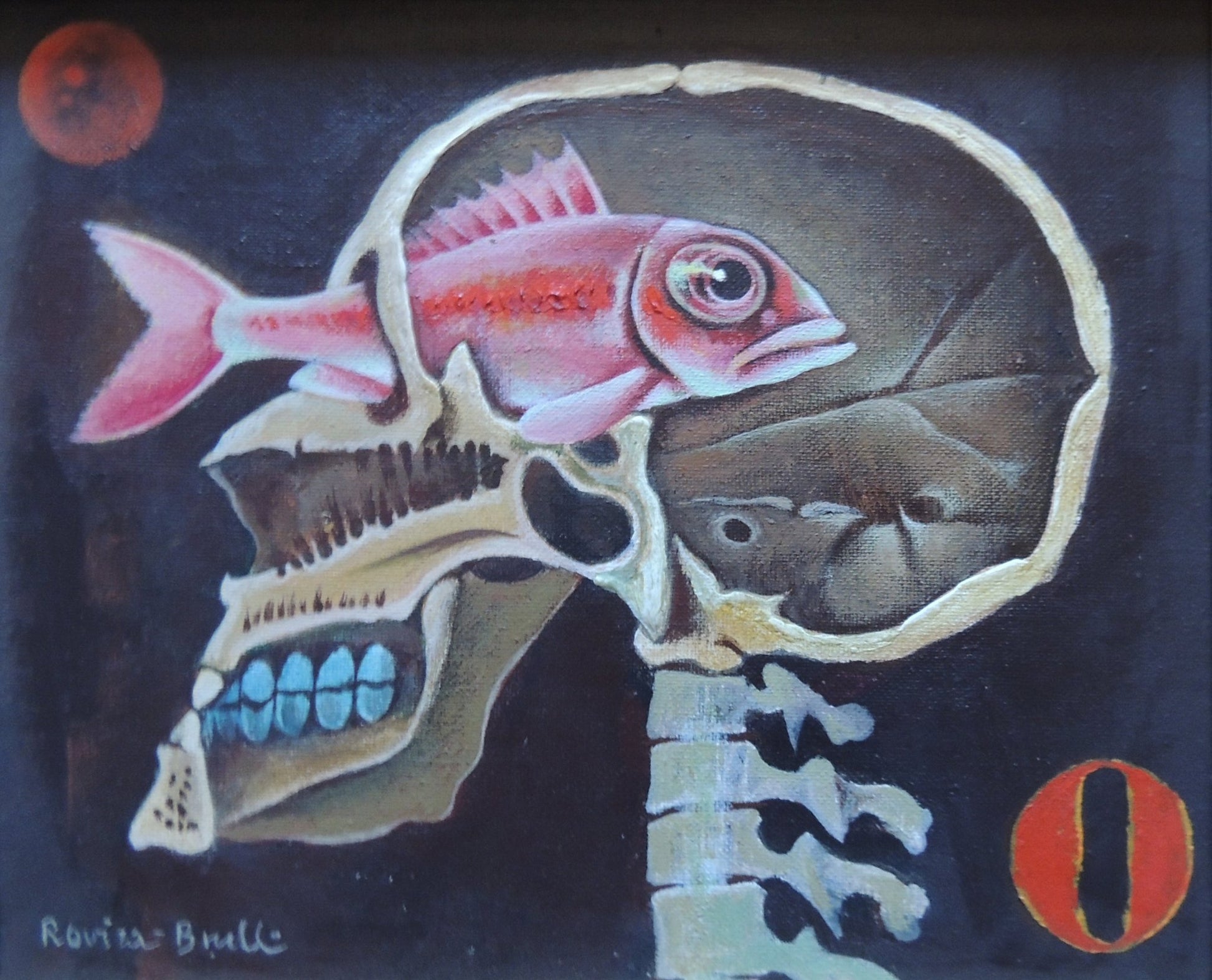 cuadro surrealista de Josep Maria Rovira - Brull - L’home i peix fondo oscuro con cráneo humano y un pez