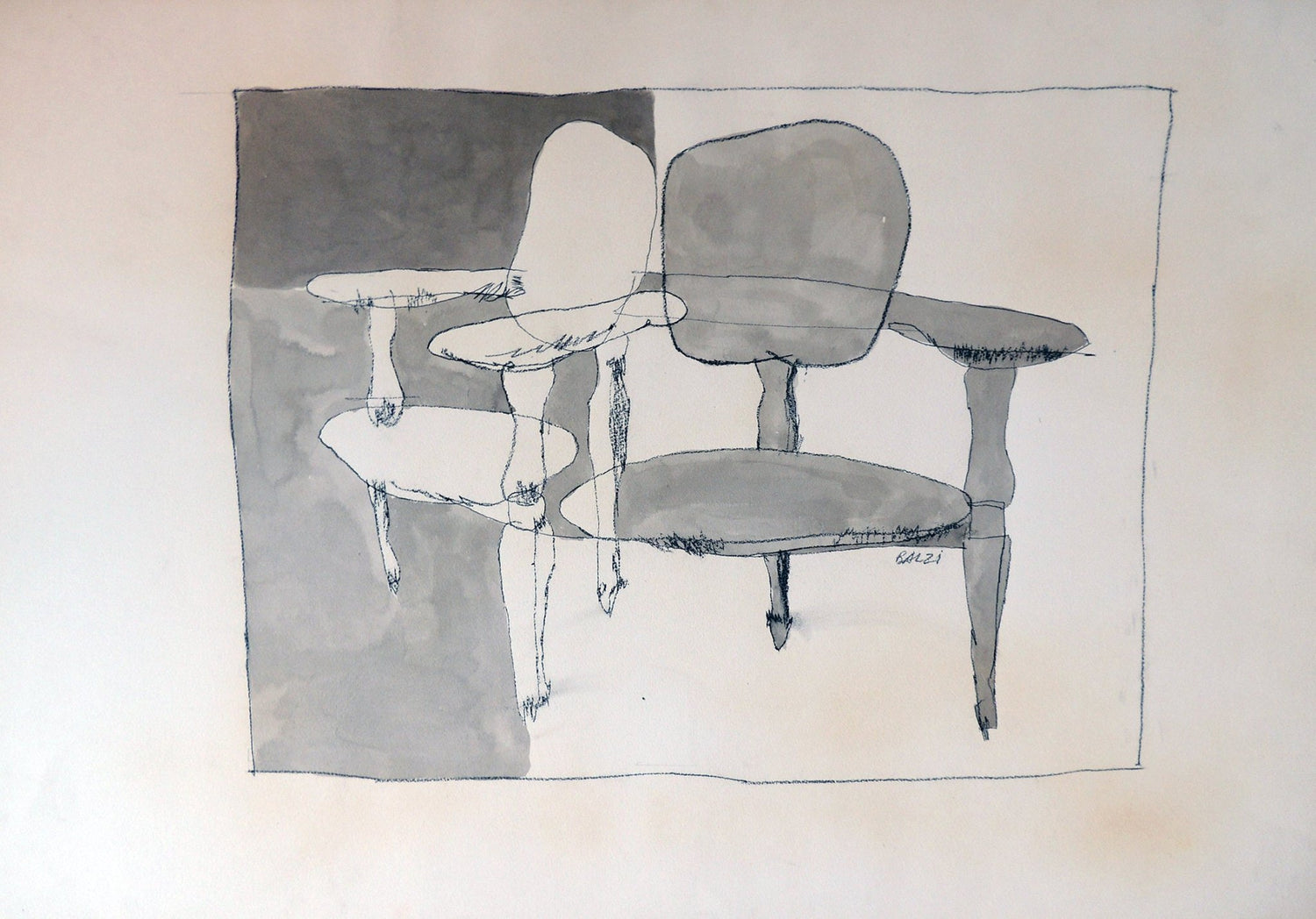 Juan José Balzi Sillón dibujo contemporáneo minimalista con formas abstractas y composición en tonos grises y negros