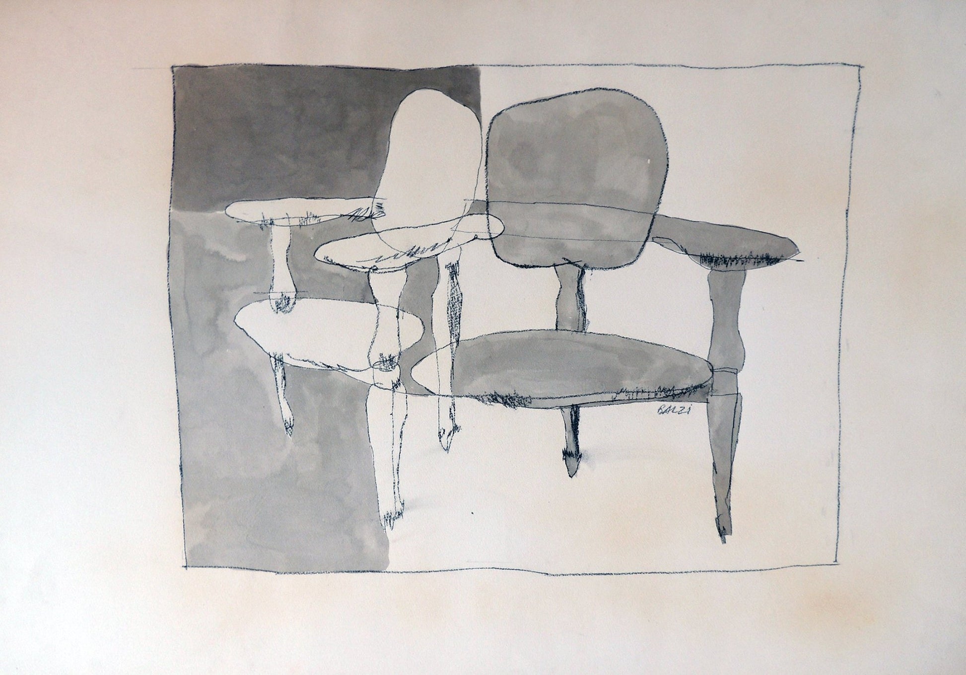 Juan José Balzi Sillón dibujo contemporáneo minimalista con formas abstractas y composición en tonos grises y negros