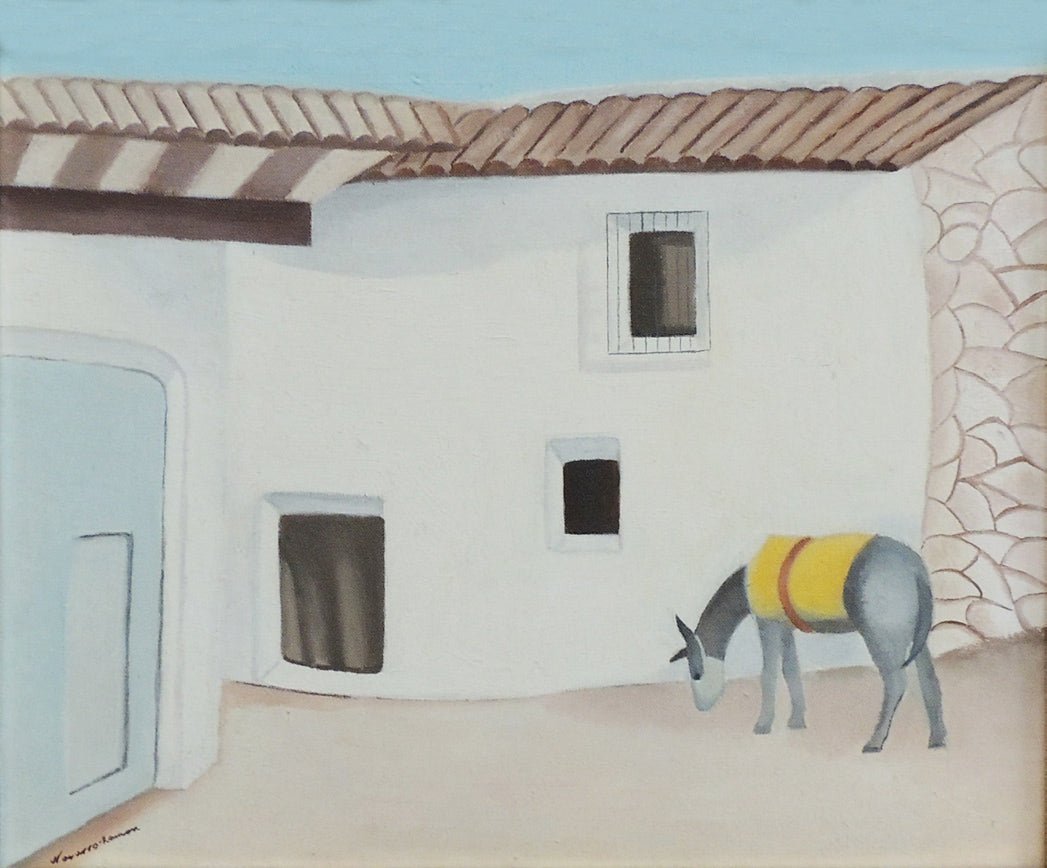 Alquería, óleo sobre lienzo de Juan Navarro Ramón, con burro frente a edificio rural típico de Valencia.