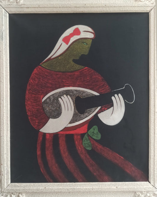 cuadro original de Juan Navarro Ramón - Figura con mandolina arte contemporáneo mujer vestido en rojo con instrumento musical