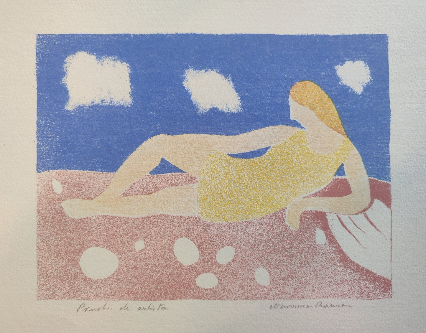 Juan Navarro Ramón, Mujer en reposo. Litografía original con figura femenina reclinada, composición de colores suaves y estética novecentista detalle