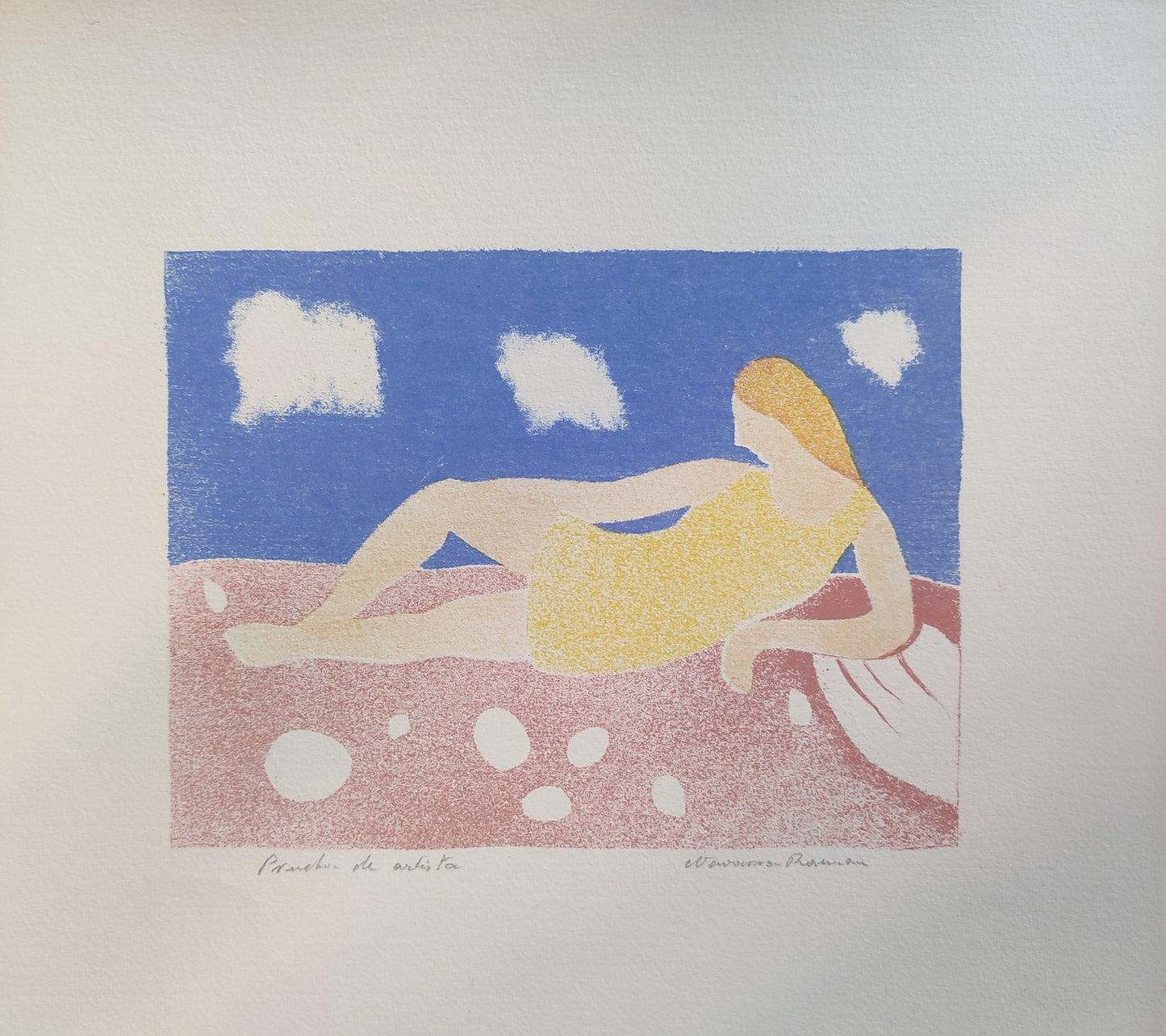 Juan Navarro Ramón, Mujer en reposo. Litografía original con figura femenina reclinada, composición de colores suaves y estética novecentista.