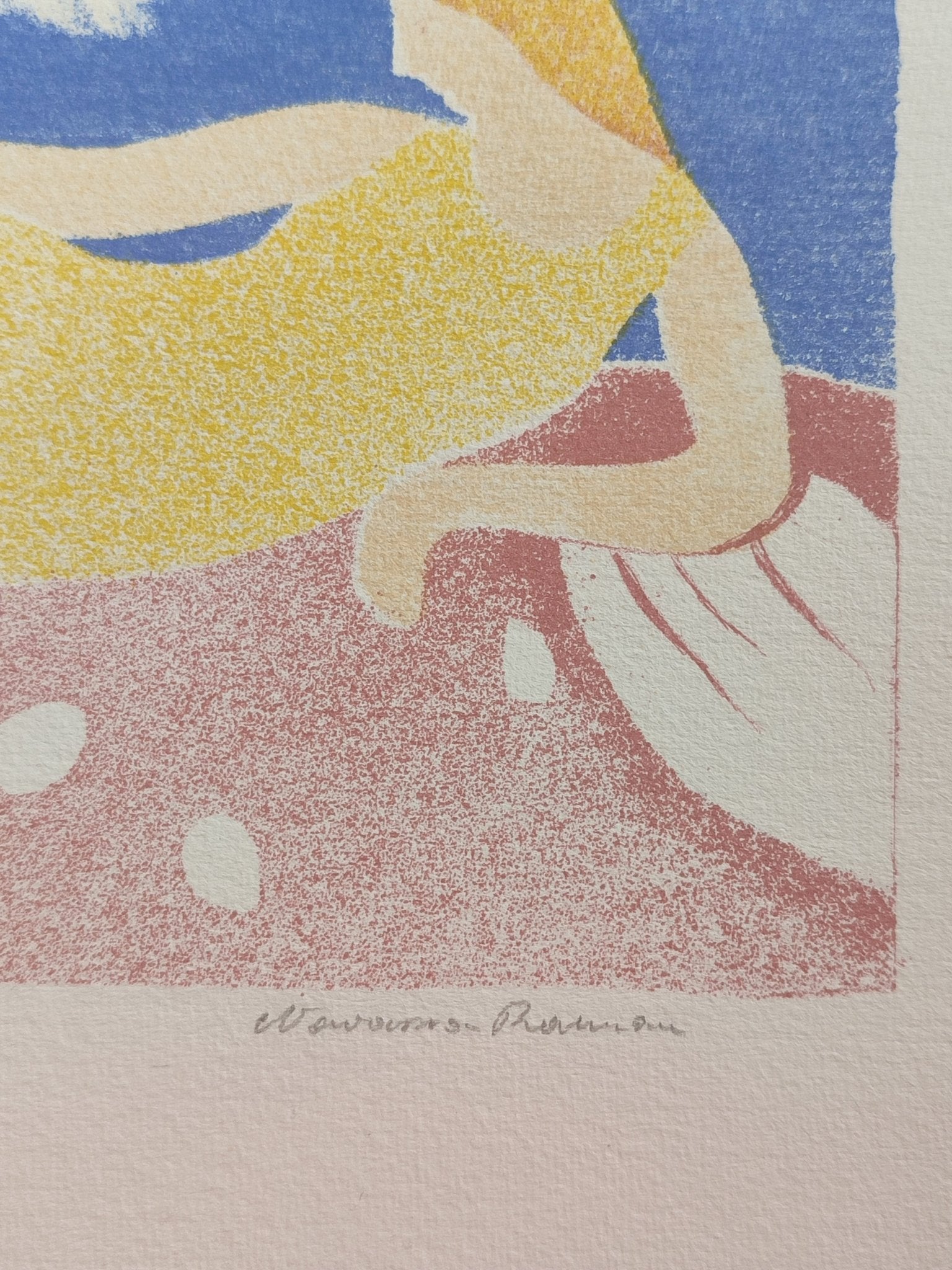 Juan Navarro Ramón, Mujer en reposo. Litografía original con figura femenina reclinada, composición de colores suaves y estética novecentista detalle firma