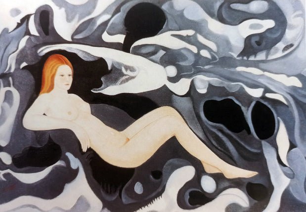 Juan Navarro Ramón, Nu, pintura de desnudo femenino en composición abstracta y surrealista en tonos grises, negros y blancos.