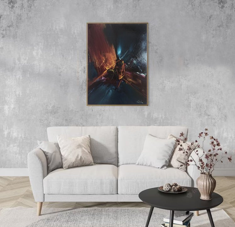 Manuel Viola Raíces de la noche pintura abstracta con azules intensos, rojos y dorados, composición gestual y atmosférica, decoración con obra de arte