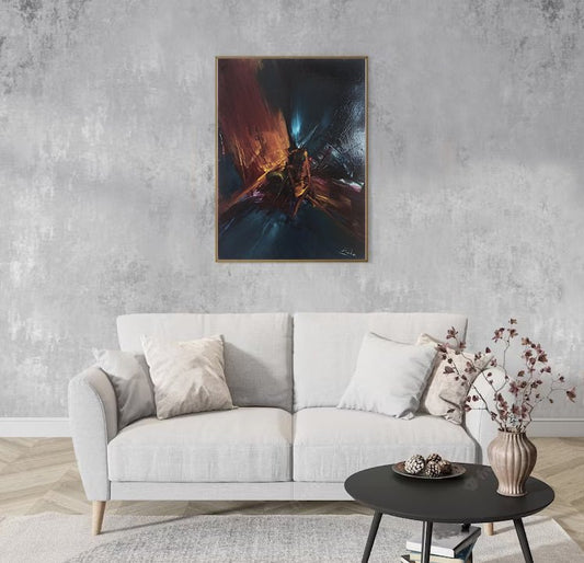 Manuel Viola Raíces de la noche pintura abstracta con azules intensos, rojos y dorados, composición gestual y atmosférica, decoración con obra de arte