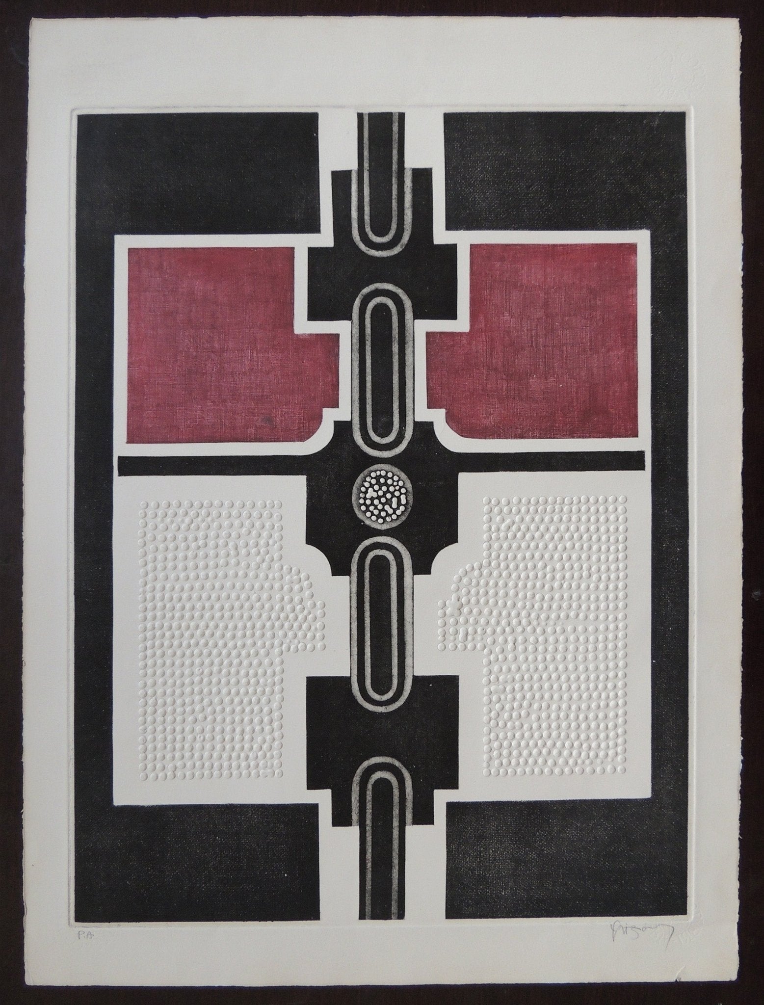 Marcos Irizarry, Ocre y Blanco II, grabado abstracto geométrico P.A. con relieve en blanco, negro y ocre, arte puertorriqueño contemporáneo.