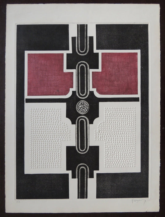 Marcos Irizarry, Ocre y Blanco II, grabado abstracto geométrico P.A. con relieve en blanco, negro y ocre, arte puertorriqueño contemporáneo.