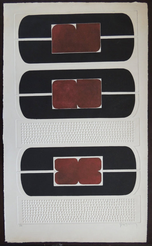 Marcos Irizarry, Ocre y Blanco IV, grabado abstracto geométrico con relieve, formas ocres y composición minimalista en blanco y negro.